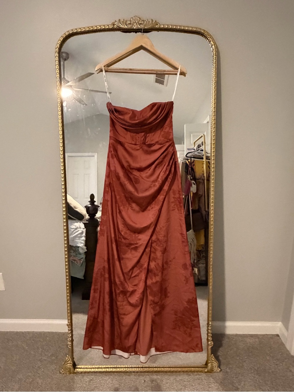 Birdy Grey Strapless Satin Gown in Rust Copper- Carrie Wild Rose print